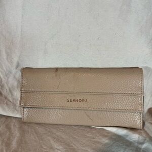 Sephora Taupe Pebbled Faux Leather Tri-Fold Makeup Brush Roll Organizer Clutch‎